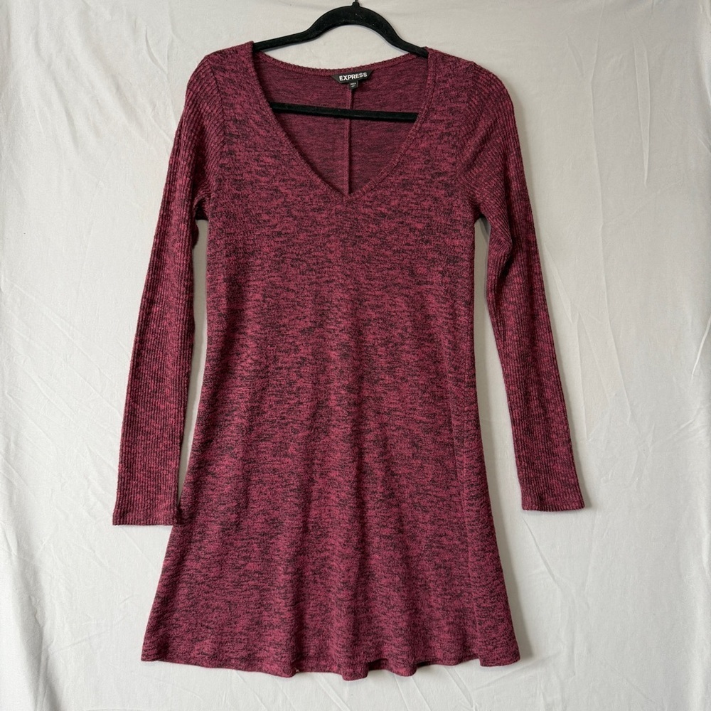 Express Womens V-neck Knit Mini Dress S Heather Burgundy Ribbed Long Sleeves